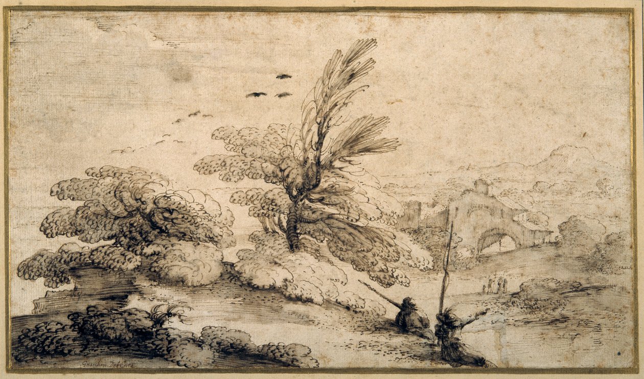 Dinlenen iki balıkçı ile manzara (kağıt üzerinde kalem ve mürekkep) by Guercino