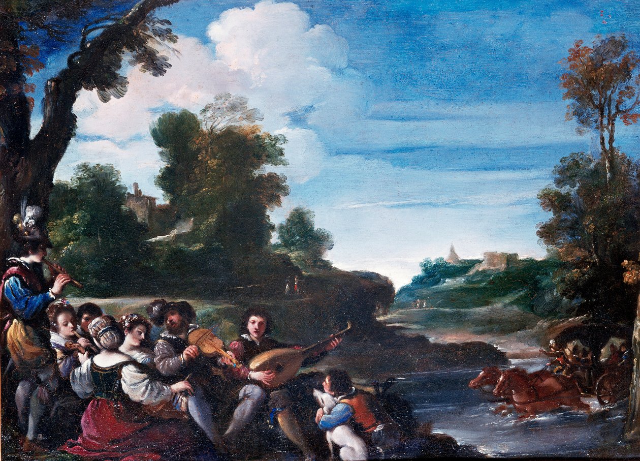 Yaz Keyfi Konserli Manzara. Giovanni Francesco Barbieri Guerchin dit Il Guercino (1591-1666) tarafından yapılan tablo 17. yüzyıl Güneşi. 0,35x0,47 m Floransa, Uffizi galerisi by Guercino