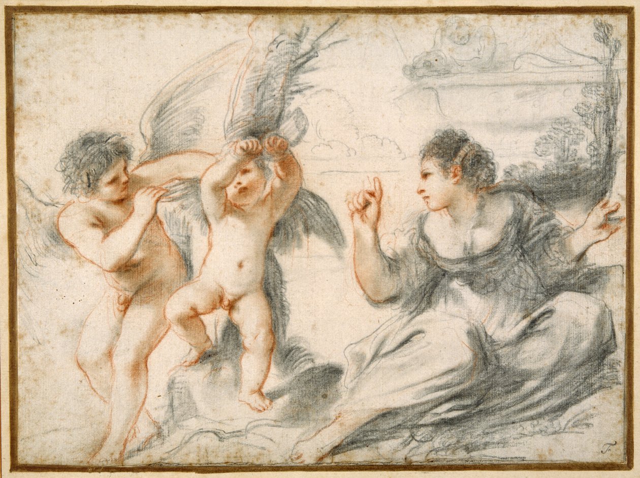 Venüs Aşk Tanrısını azarlarken, daha yaşlı bir aşk tanrısı onu bir ağaca bağlar (kağıt üzerinde siyah ve kırmızı tebeşirler) by Guercino
