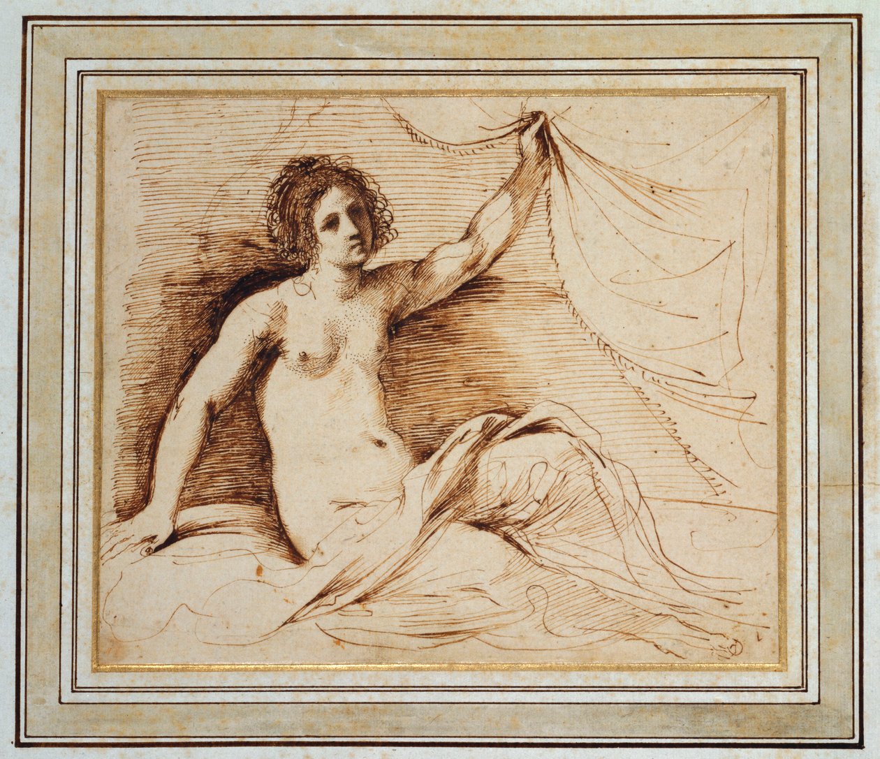 Perdeyi kaldıran uzanmış çıplak bir kadın by Guercino