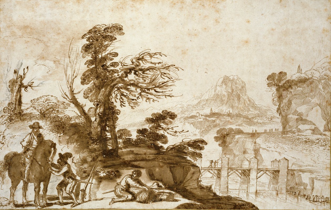 Bir Süvari ve Köprü ile manzara, 17. yüzyılın başlarında by Guercino