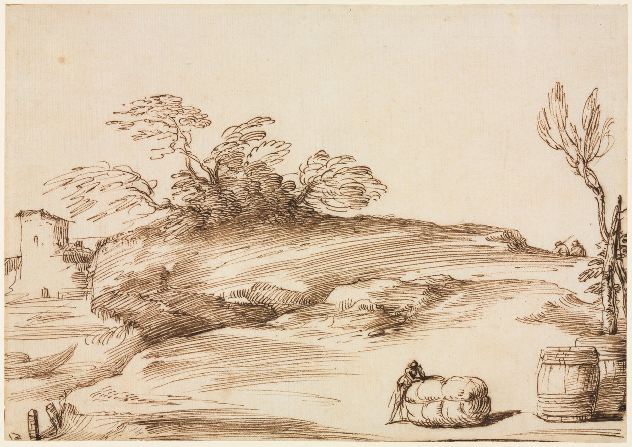 Balyaya Yaslanmış Bir Adamla Manzara by Guercino