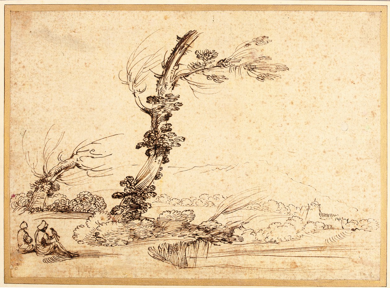 Bir ağacın yanında doğanlarla manzara by Guercino