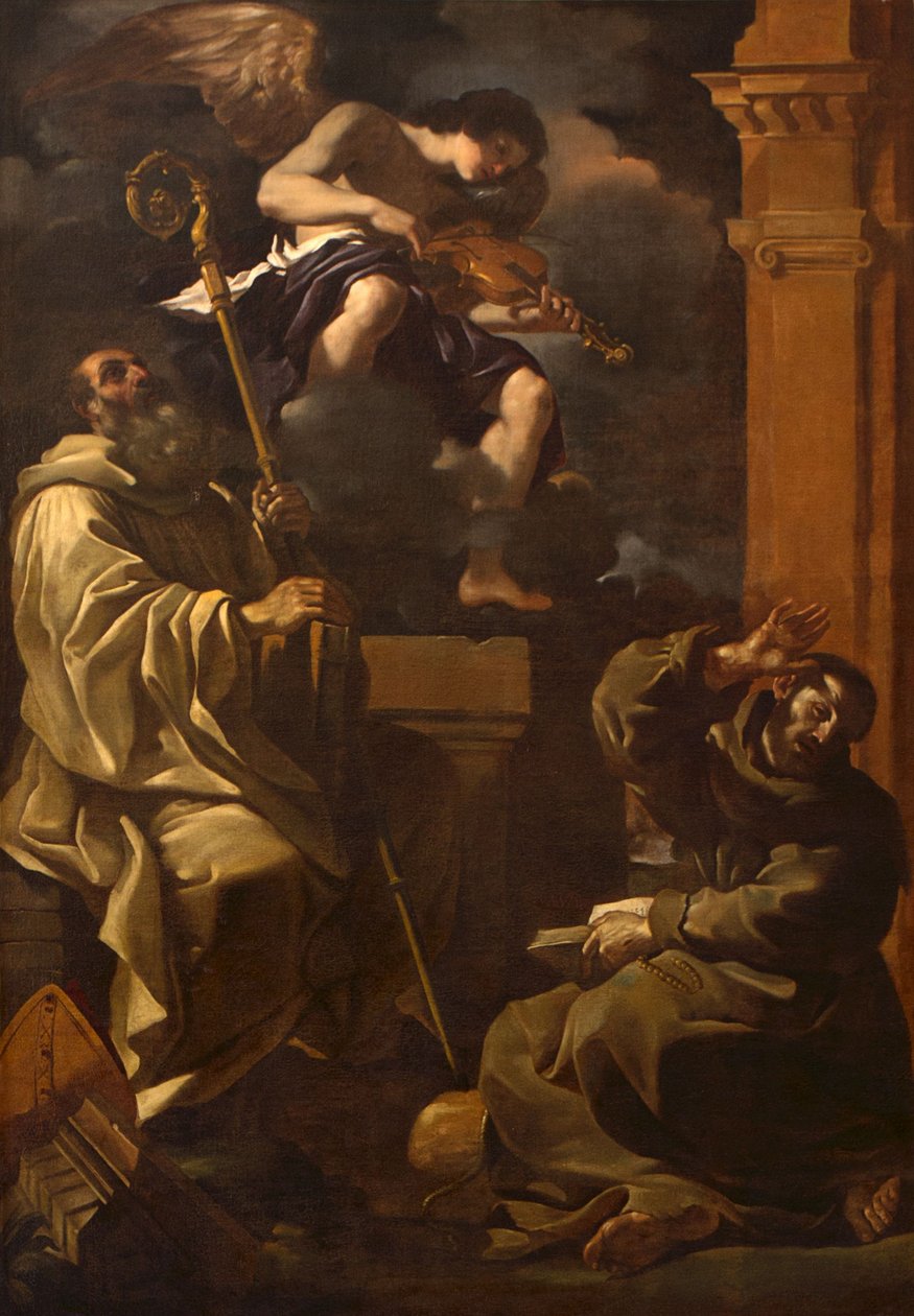 Aziz Benedict ve Aziz Francis Bir Müzisyen Meleği Dinliyorlar. by Guercino