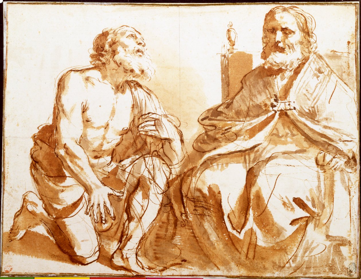 Oturan Piskopos ve Diz çökmüş Aziz by Guercino