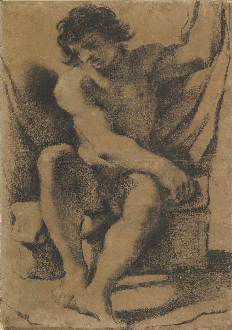 Neredeyse Önden Görünümde Oturan Çıplak Genç Adam, ca. 1618. by Guercino