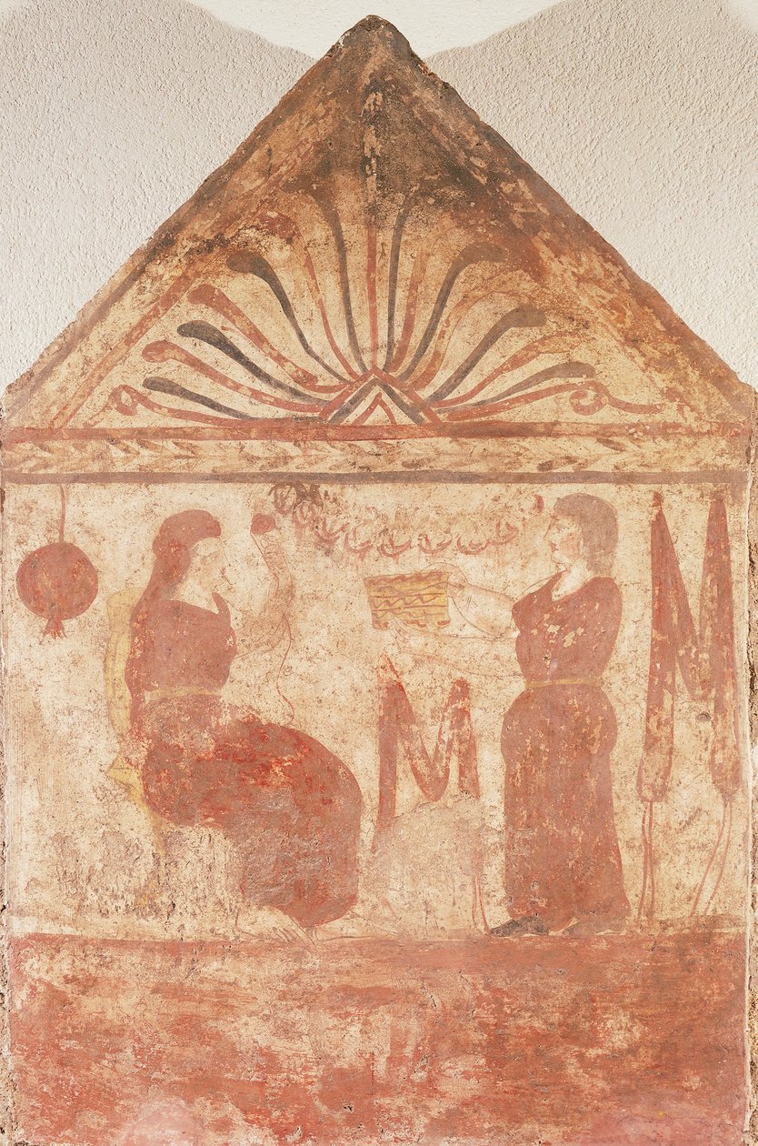 Paestum, Campania, İtalya#39;daki Andriuolo-Laghetto#39;dan tahtta oturan kadını dönme eyleminde gösteren boyalı mezar taşı by Guglielmo Bilancioni