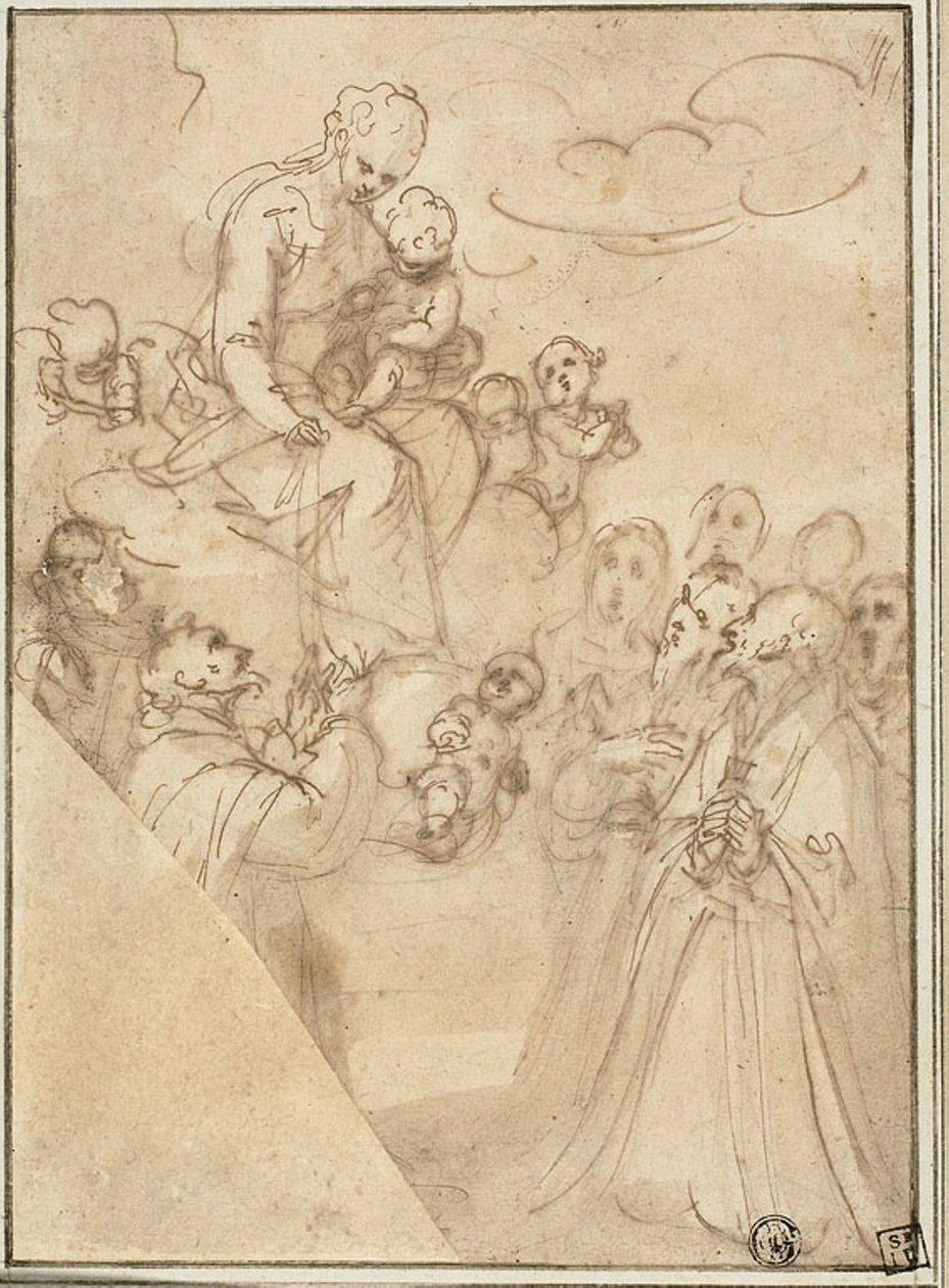 Tesbih Madonna, Dominic ve Diğer Azizler ile by Guglielmo Caccia