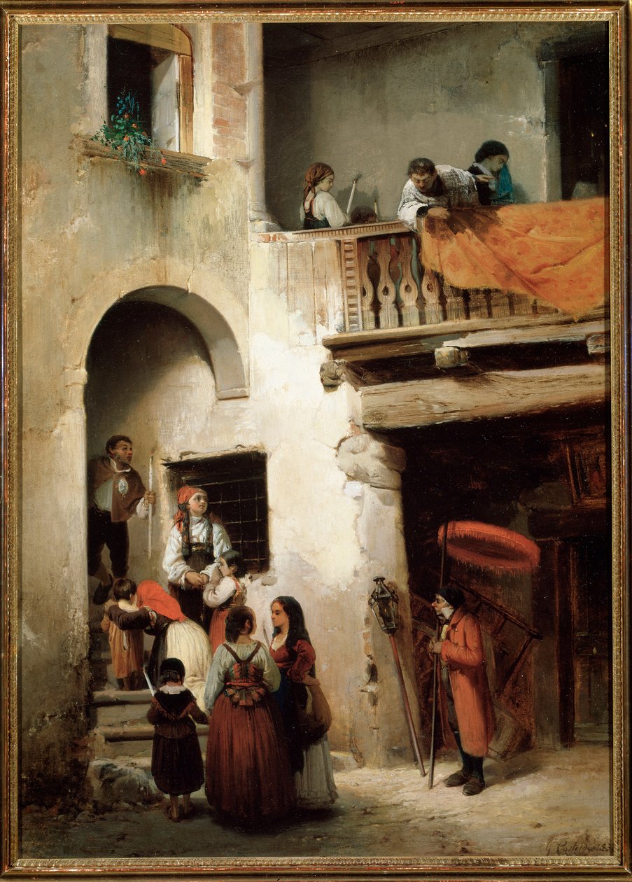 Aşırı aşk, ölmekte olan bir adamın evinin dışında bekleyen bir aile Resim Guglielmo Castoldi (1823-1882) 1858 Dim 89x64 cm Genes, Galleria d