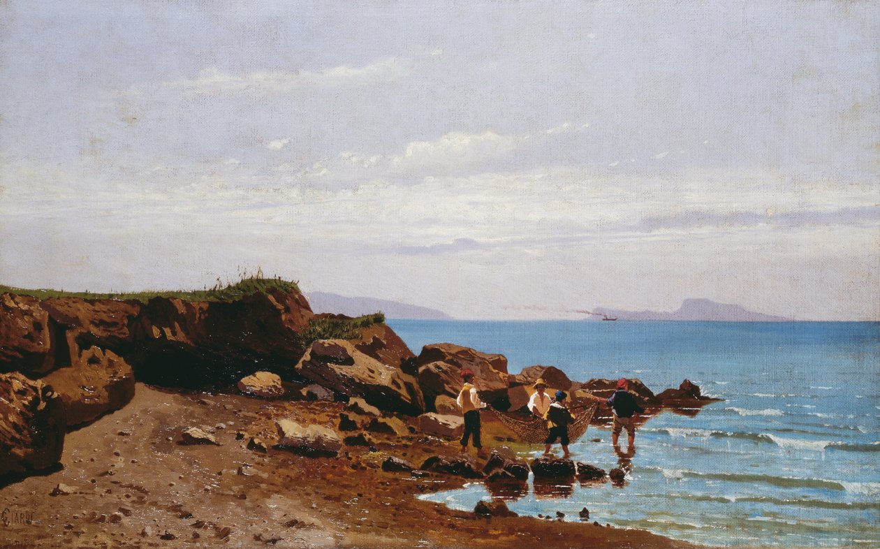 Napoliten sahilinde balıkçılar, arka planda Capri adası, Guglielmo Ciardi (1842-1917), tuval üzerine yağlı boya, 47,5x76,5 cm by Guglielmo Ciardi