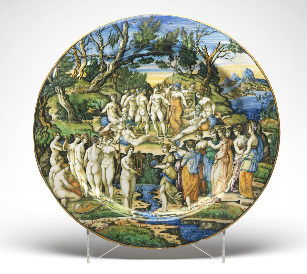 İlham Perileri ve Pierides arasındaki Yarışma, c.1545-50 (kalay sırlı çanak çömlek) by Guido Durantino