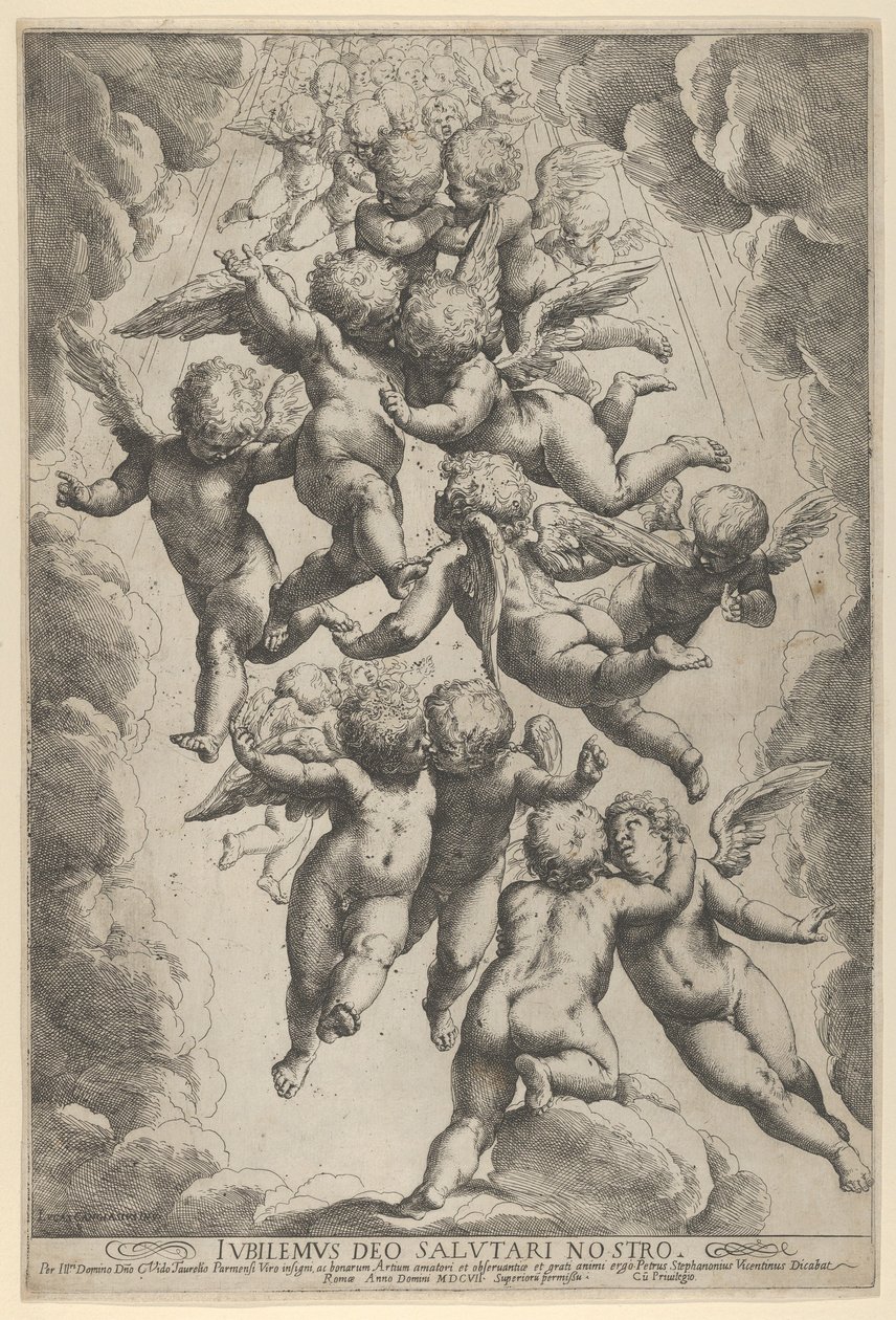 Bulutlarla çerçevelenmiş, uçuşta kucaklaşan bir grup melek, ca. 1607., yaklaşık 1607. by Guido Reni