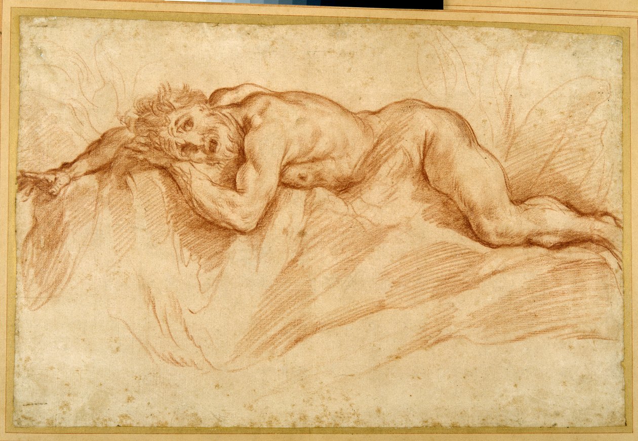 Dehşete düşmüş çıplak bir adam, kayalık zemine eğilimli (kağıt üzerinde kırmızı tebeşir) by Guido Reni