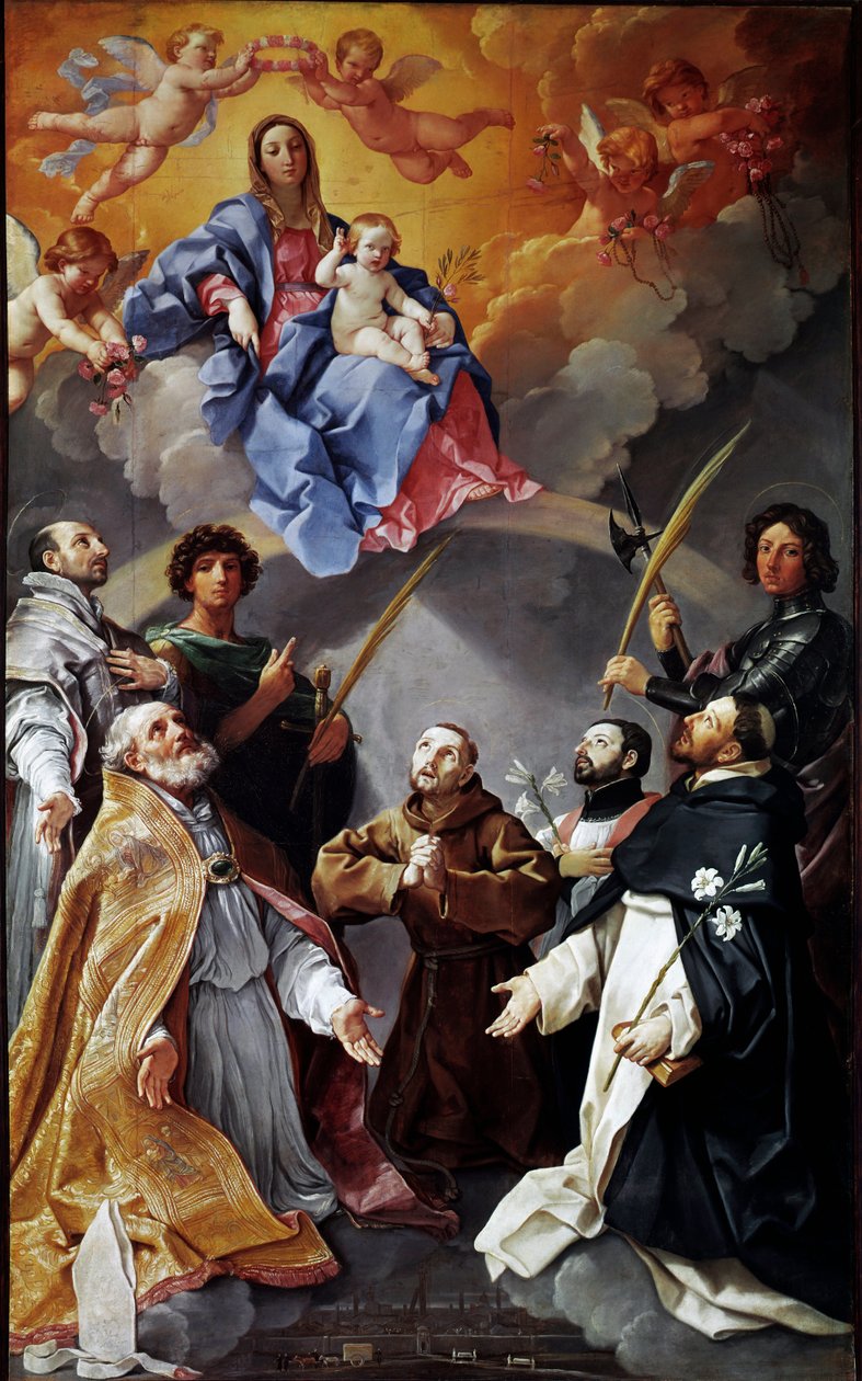 Veba sunağı: Aziz Petronius, Aziz Francis, Aziz Ignatius, Aziz Francis Xavier, Bologna Proculus ve Florian ile çocuklu Bakire (Resim by Guido Reni