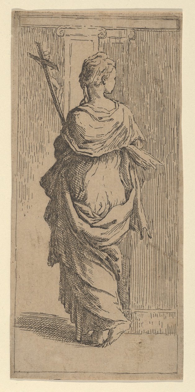 Bir haç taşıyan ve bir pilastere doğru adım atan kız, arkadan görülüyor, yakl. 1590-1600. by Guido Reni
