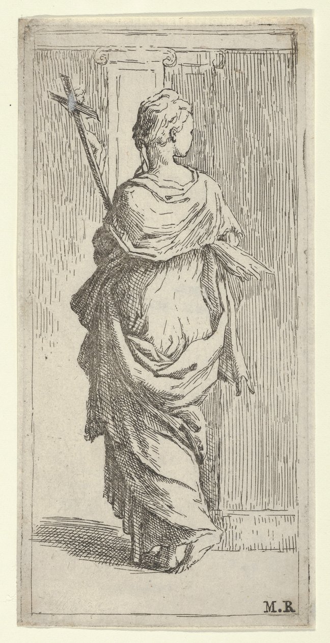 Bir haç taşıyan ve bir pilastere doğru adım atan kız, arkadan görülüyor, yakl. 1590-1600. by Guido Reni