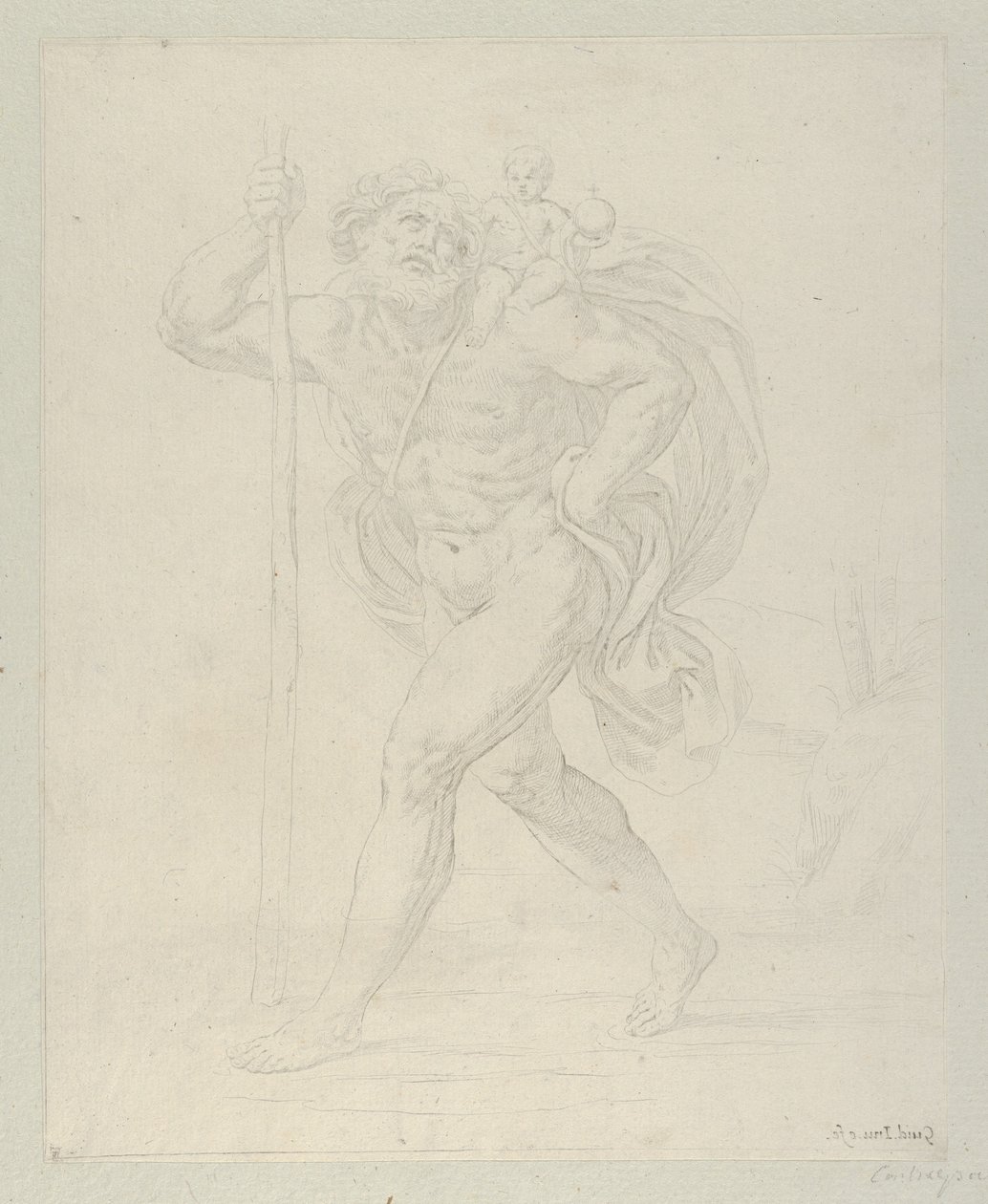 Aziz Christopher sol omzunda bebek İsa ile yürüyor, karşıt..., ca. 1600-1640. by Guido Reni