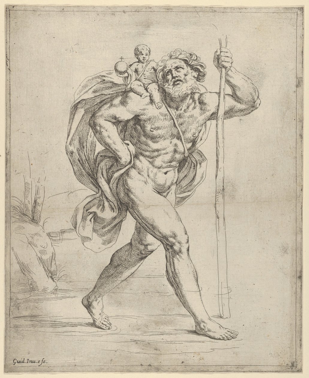 Sağ omzunda bebek İsa ile yürüyen Aziz Christopher, M.Ö. 1600-1640. by Guido Reni
