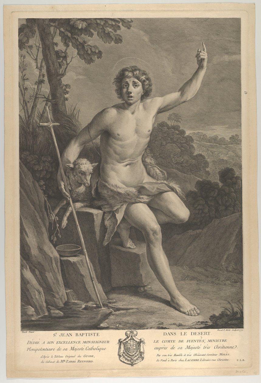 Vaftizci Yahya çölde, bir kayanın üzerine oturmuş ve sol eliyle yukarıyı işaret ediyor..., 1770 by Guido Reni
