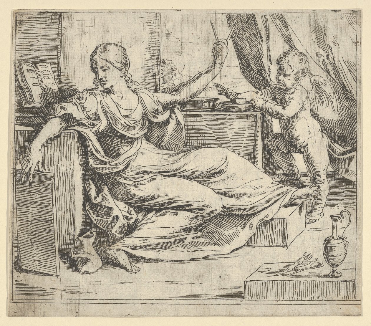 Bir tablet ve pusula tutan oturan kadın öğrenme alegorisi, kanatlı bir putto ..., yaklaşık. 1600-1640. by Guido Reni