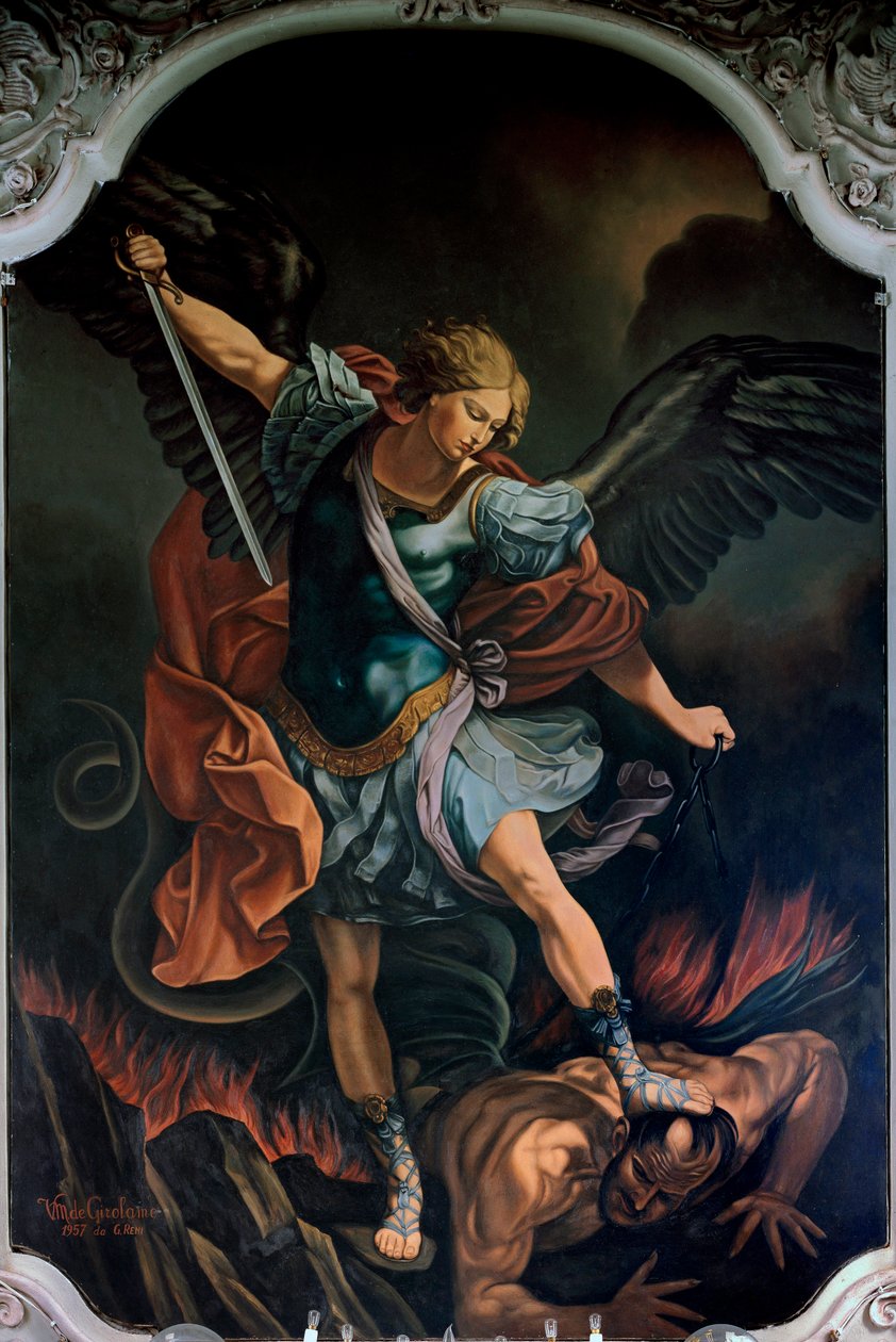 Guido Reni'den sonra VM De Girolamo'nun (20. yüzyıl) yaptığı Ejderhayı Teras Eden Başmelek Aziz Mikail Tablosu. 1957 by Guido Reni