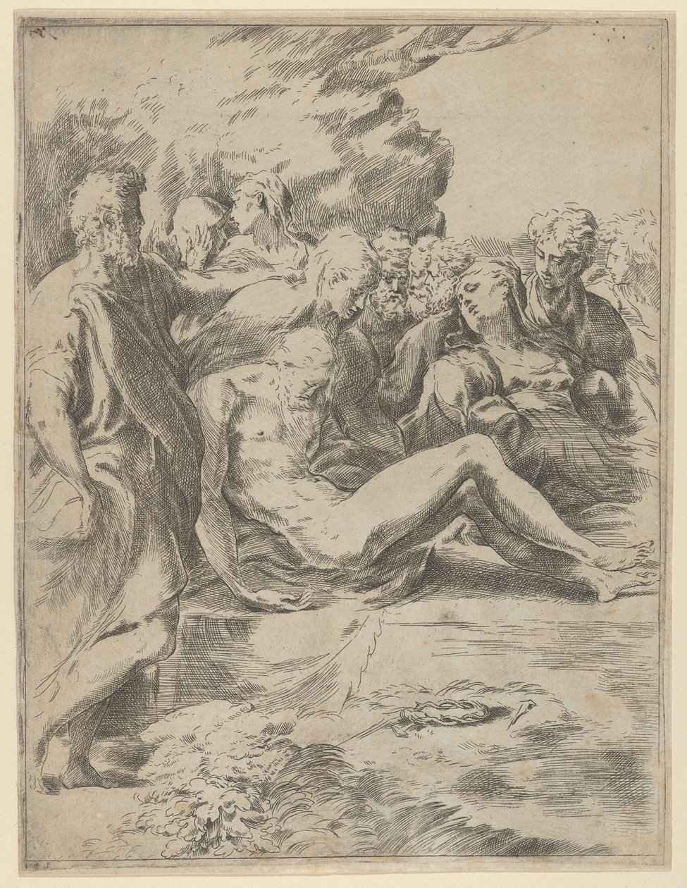 Entombment, İsa ayakları uzanmış, Bakire sağda, 1590-1600. by Guido Reni