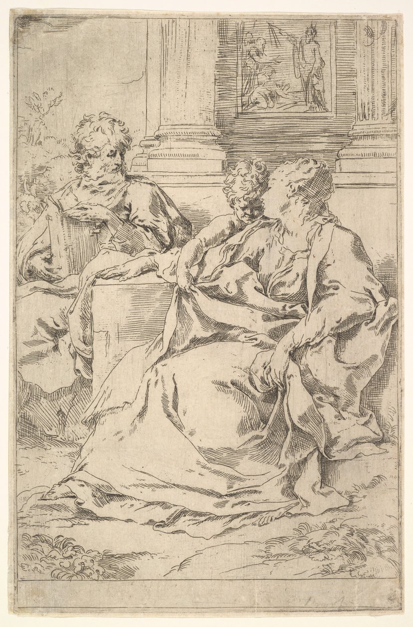Arka planda Kutsal Yazı Sahnesi olan Kutsal Aile. by Guido Reni