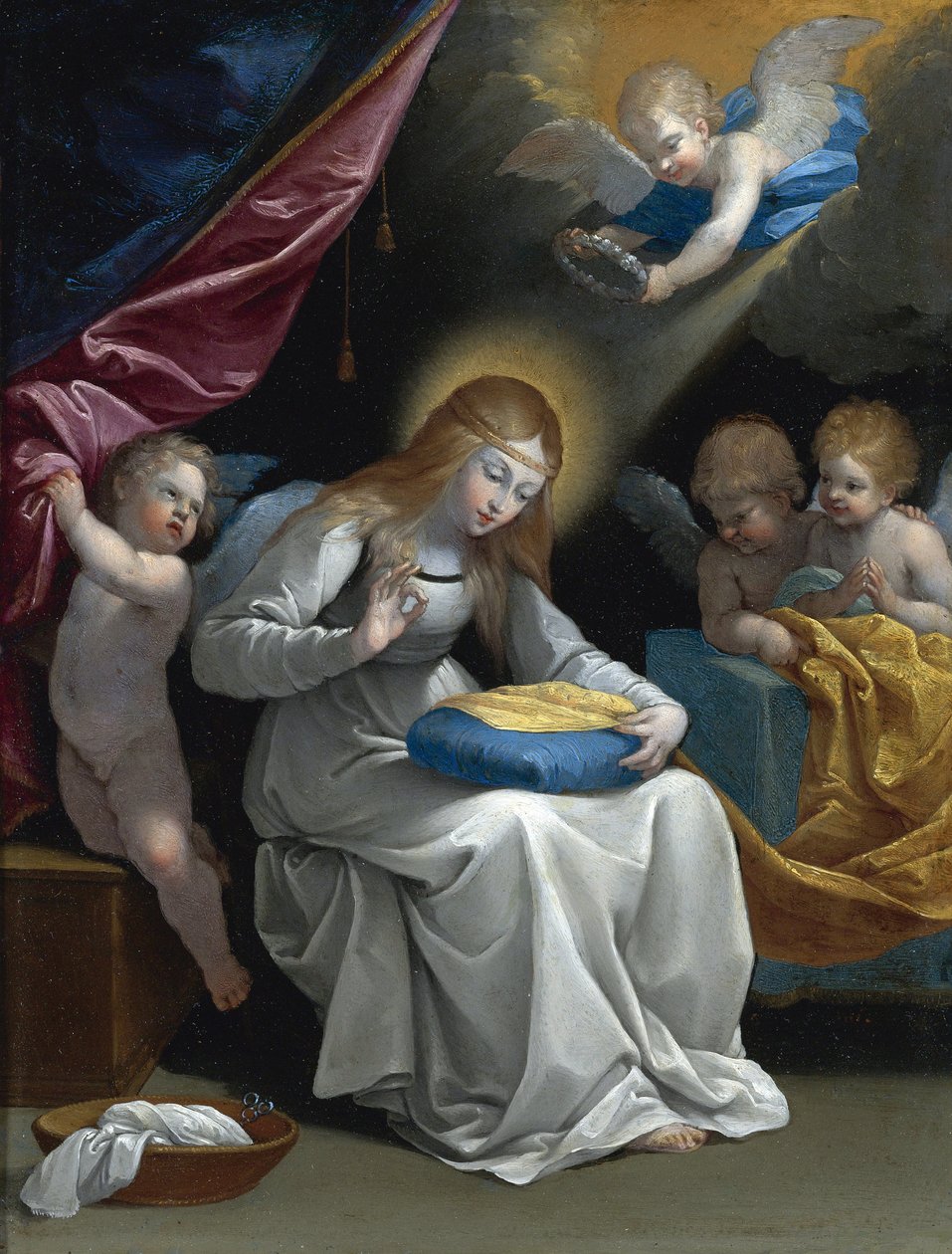 Bakire Dikiş, Eşlik Eden Dört Melek (La Couseuse) par Reni, Guido (1575-1642). Bakır üzeri yağlı boya, ebat : 28,5x21,5, , Özel Koleksiyon by Guido Reni