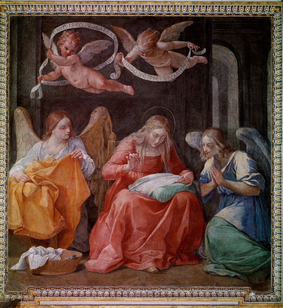 İki melek ile bakire dikiş (fresk by Guido Reni