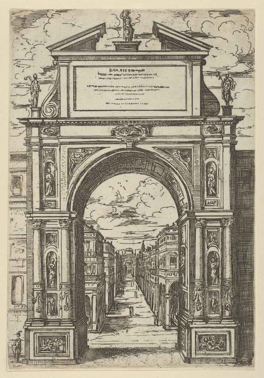 Bologna şehrini temsil eden bir heykelin tepesinde zafer takı, 1598