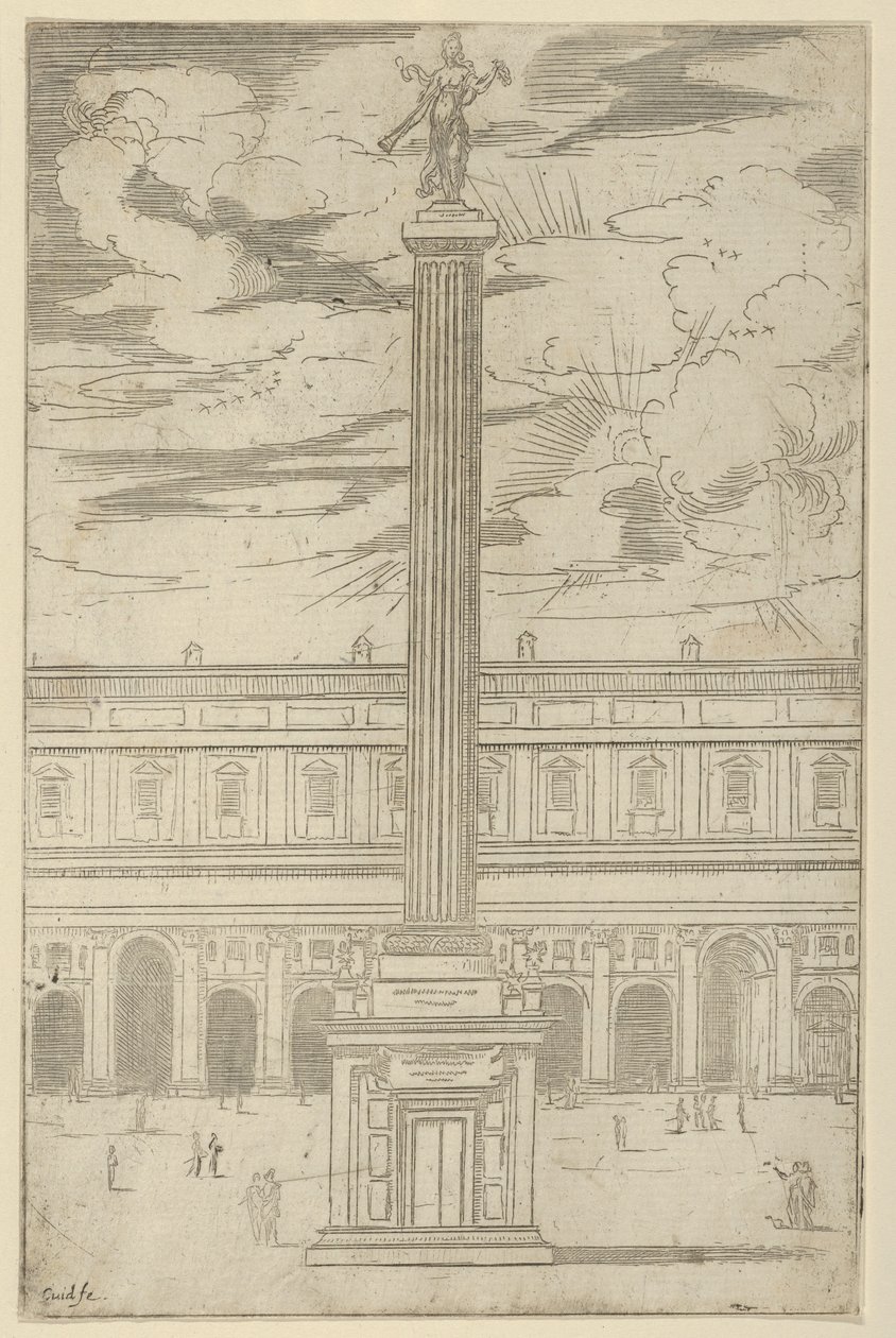 Üstünde bir trompet tutan Fame kadın figürü ile zafer sütunu, geçici bir dekor..., 1598. by Guido Reni