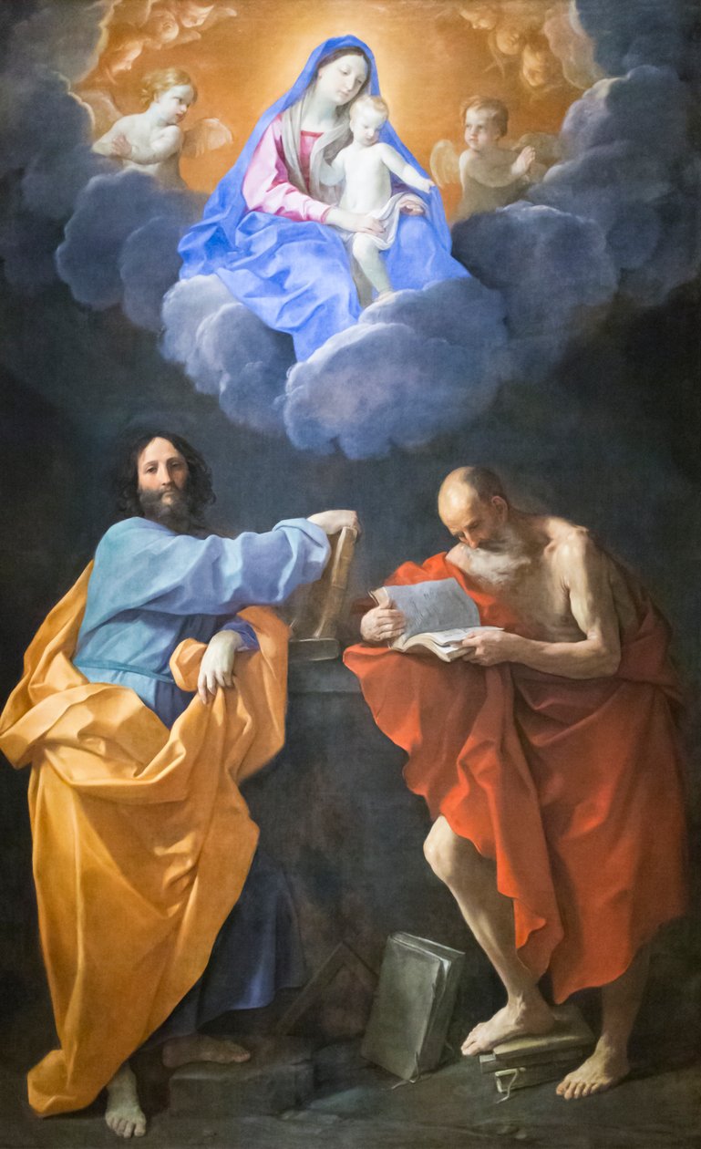 Aziz Thomas ve Jerome ile Zafer Bakiresi (tuval üzerine yağlı boya) by Guido Reni