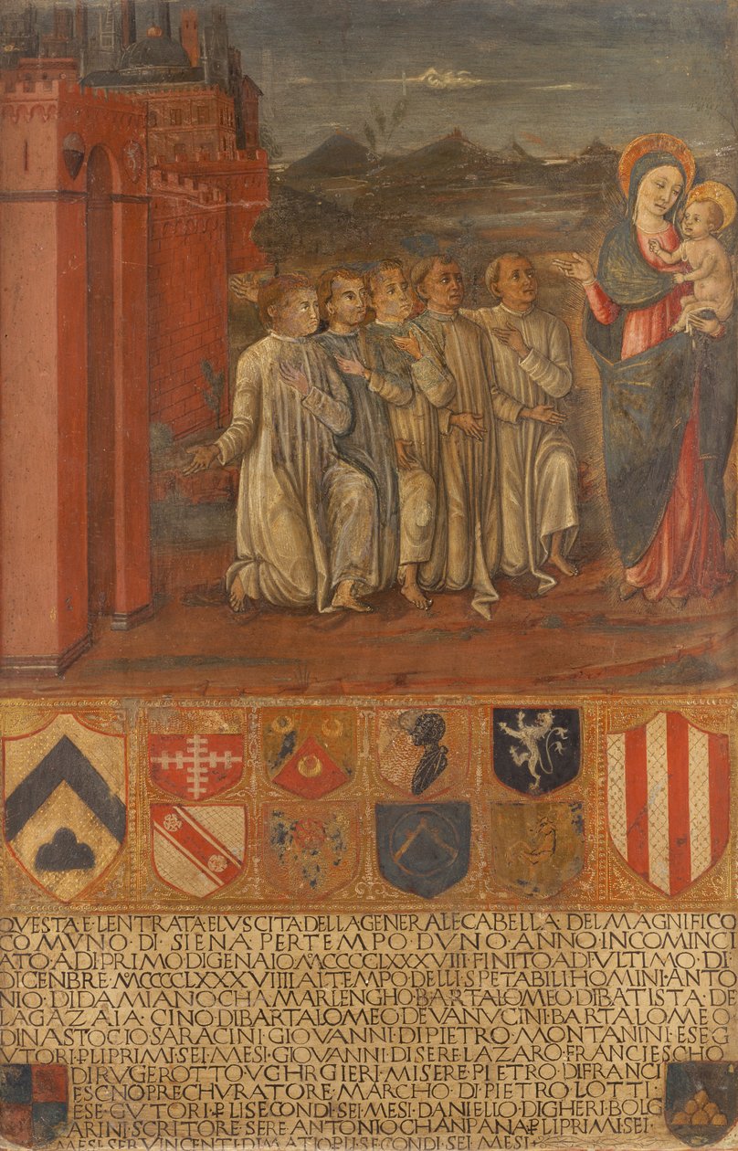 Chamberlain ve yardımcıları Bakire'nin huzurunda by Guidoccio di Giovanno Cozzarelli
