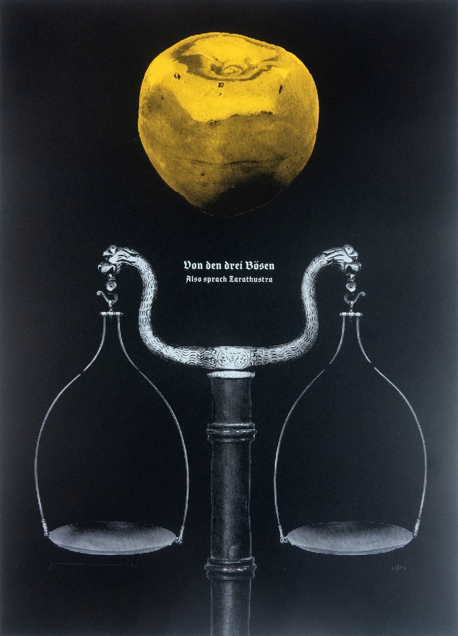 Üç Kötülük Üzerine, Böyle Buyurdu Zerdüşt, 2025 (Ağaç Baskı ve Serigrafi) by Guilherme Pontes
