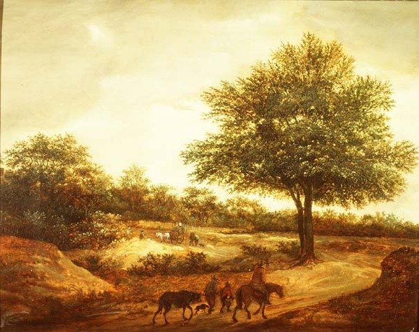 Yolda gezginlerin olduğu ormanlık bir manzara, ötesinde bir kulübe by Guillam de Vos