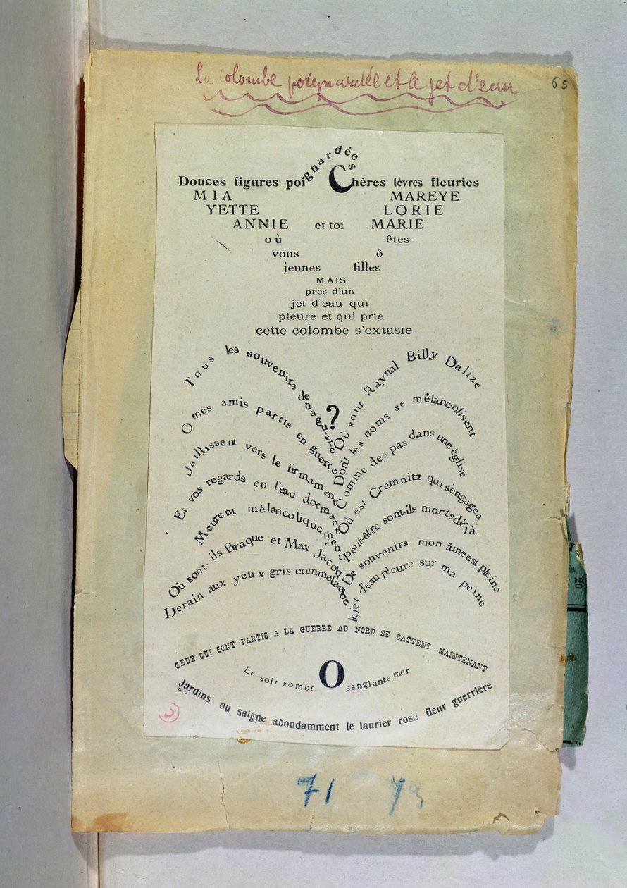 'La colombe stabardee' ve 'Le jet d'eau', iki kaligram (kağıt üzerine mürekkep) by Guillaume Apollinaire