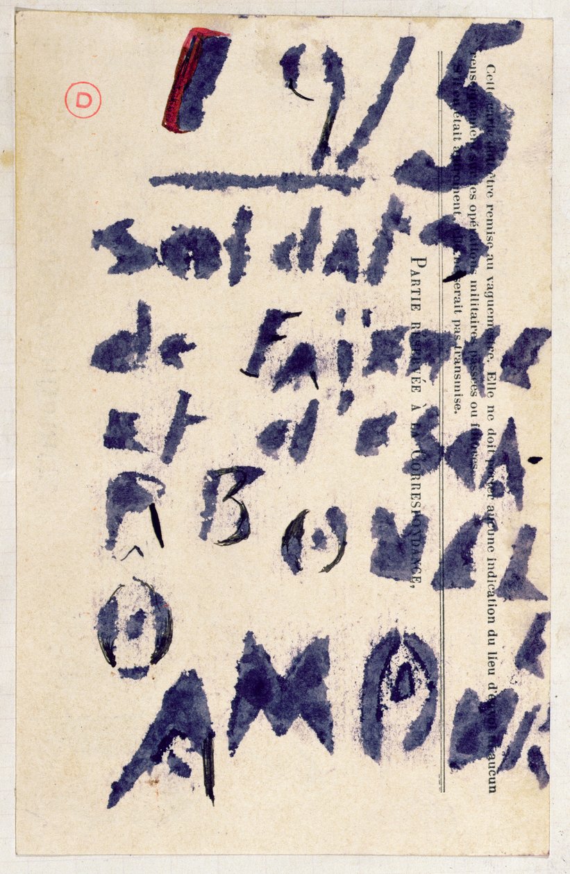 'Kilden askerler...', 'Case d'Armons' şiir antolojisinden şiir, 1915 (kağıt üzerine şablon ve mürekkep) by Guillaume Apollinaire