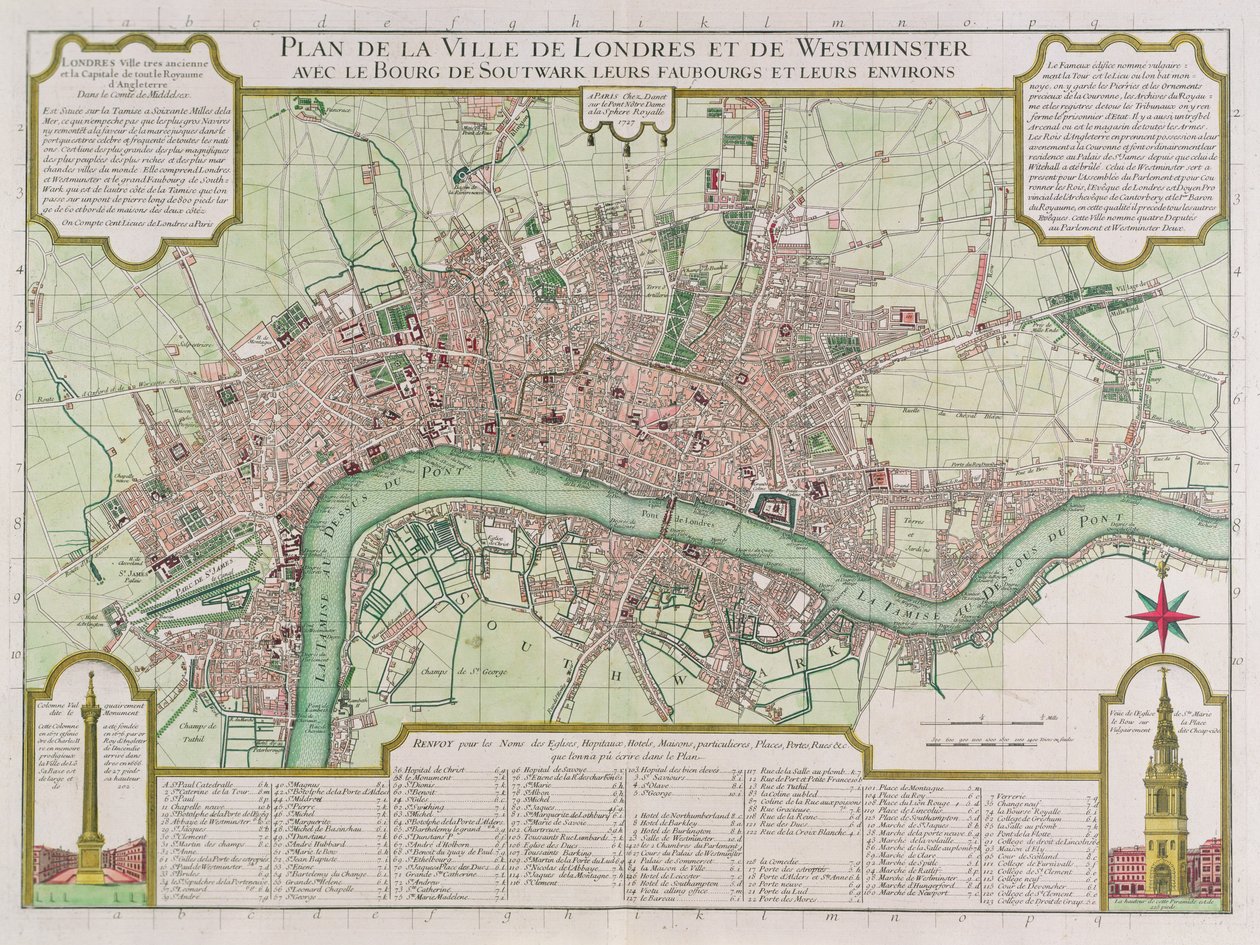 Londra ve Westminster Kasabalarının Planı, 1727 (el boyaması gravür) by Guillaume Danet