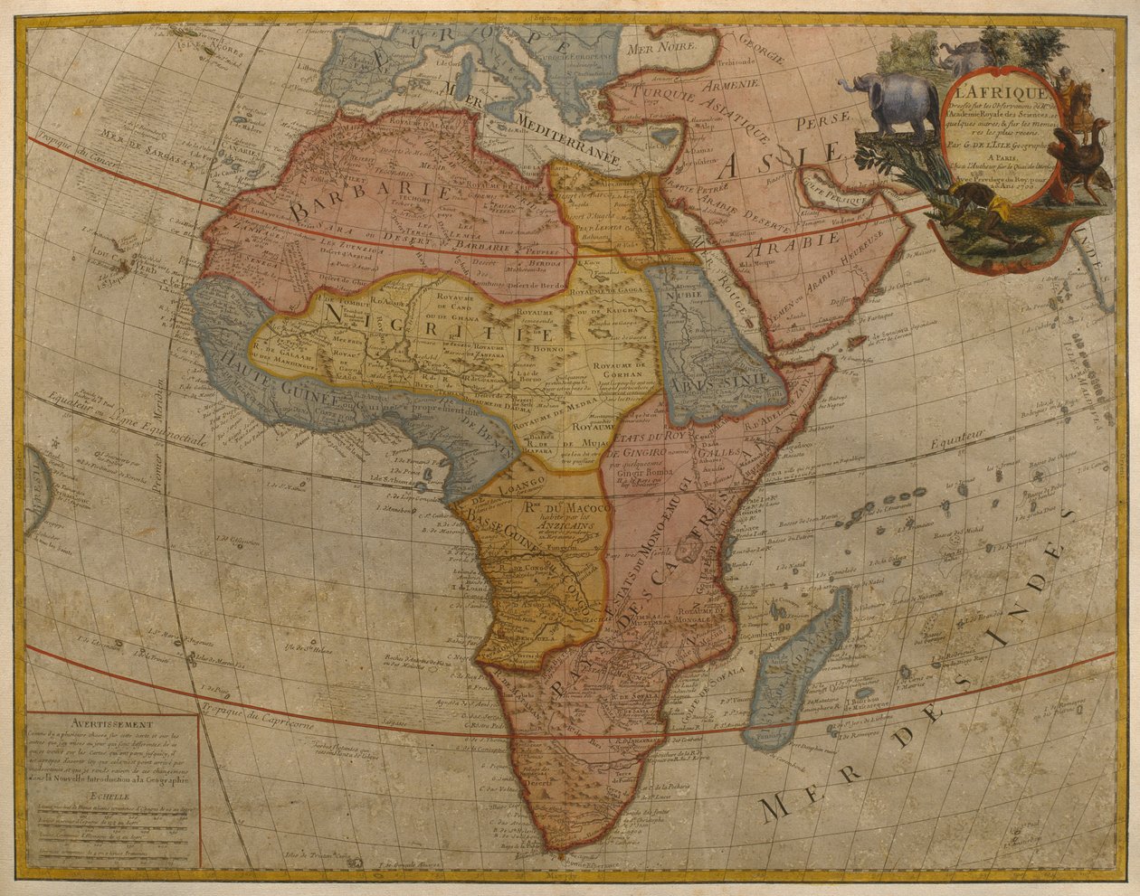 1700 yılında yayınlanan Afrika Haritası, Paris (renkli gravür) by Guillaume Delisle