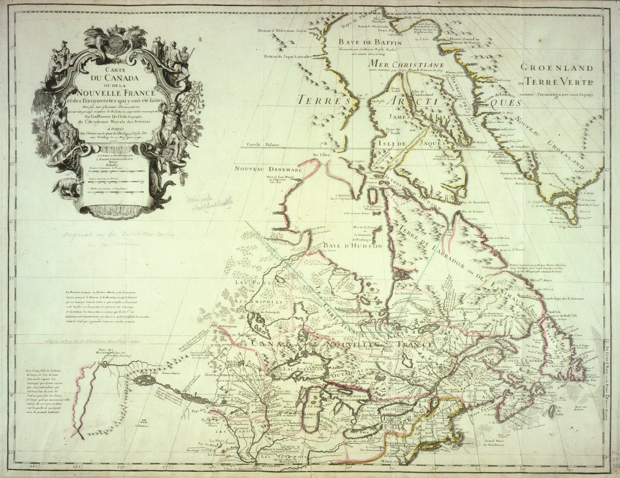 Kanada Haritası, Paris, 1703 yayınlandı (el renkli gravür) by Guillaume Delisle
