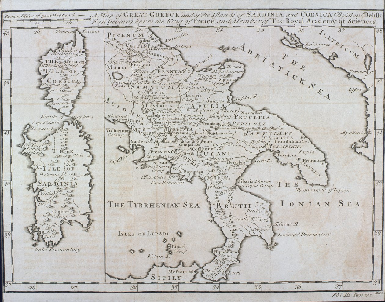 Güney İtalya, Korsika ve Eski Çağlarda Büyük Yunanistan veya Magnia Graecia olarak bilinen Sardunya haritası, 18. yüzyılın başlarında by Guillaume Delisle