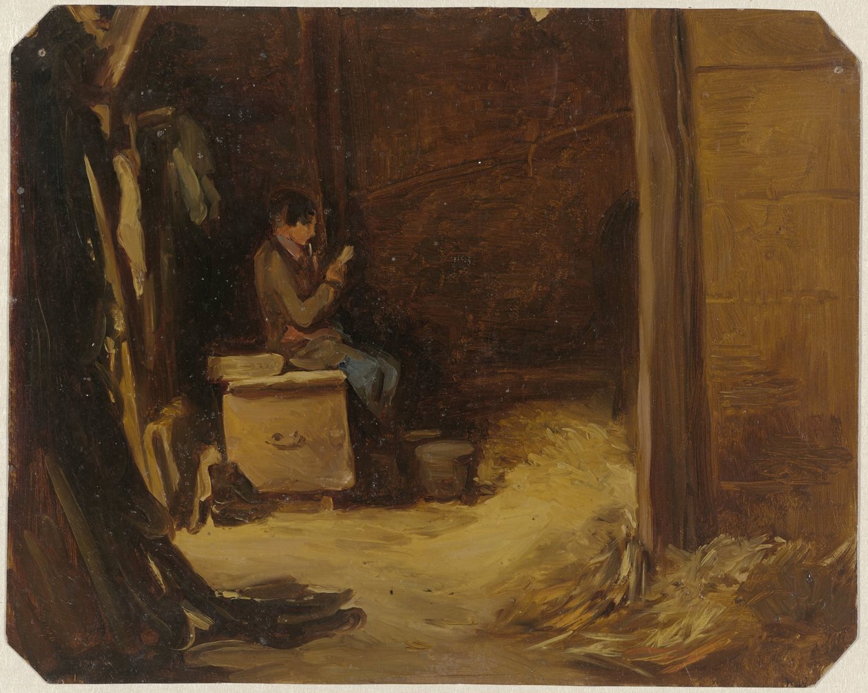 Bir ahırda mektup okuyan çocuk by Guillaume Anne van der Brugghen