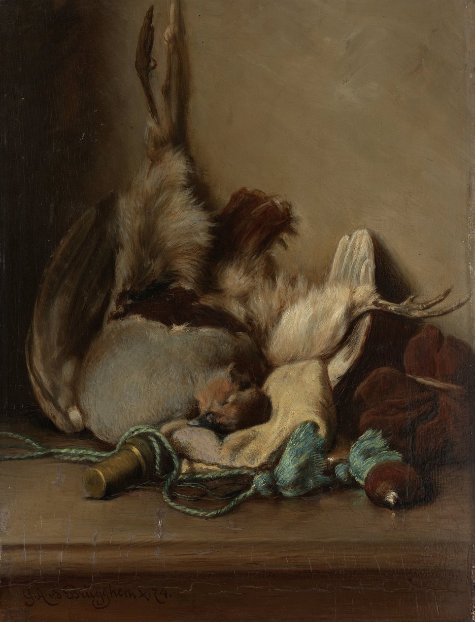 Ahşap Güvercin ve Toz Boynuzlu Natürmort by Guillaume Anne van der Brugghen
