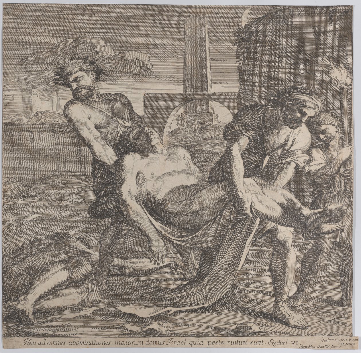 Abdon ve Sennen, erken Hıristiyan şehitlerini defnedilmek üzere taşıyorlar, 1650-60. by Guillaume Courtois