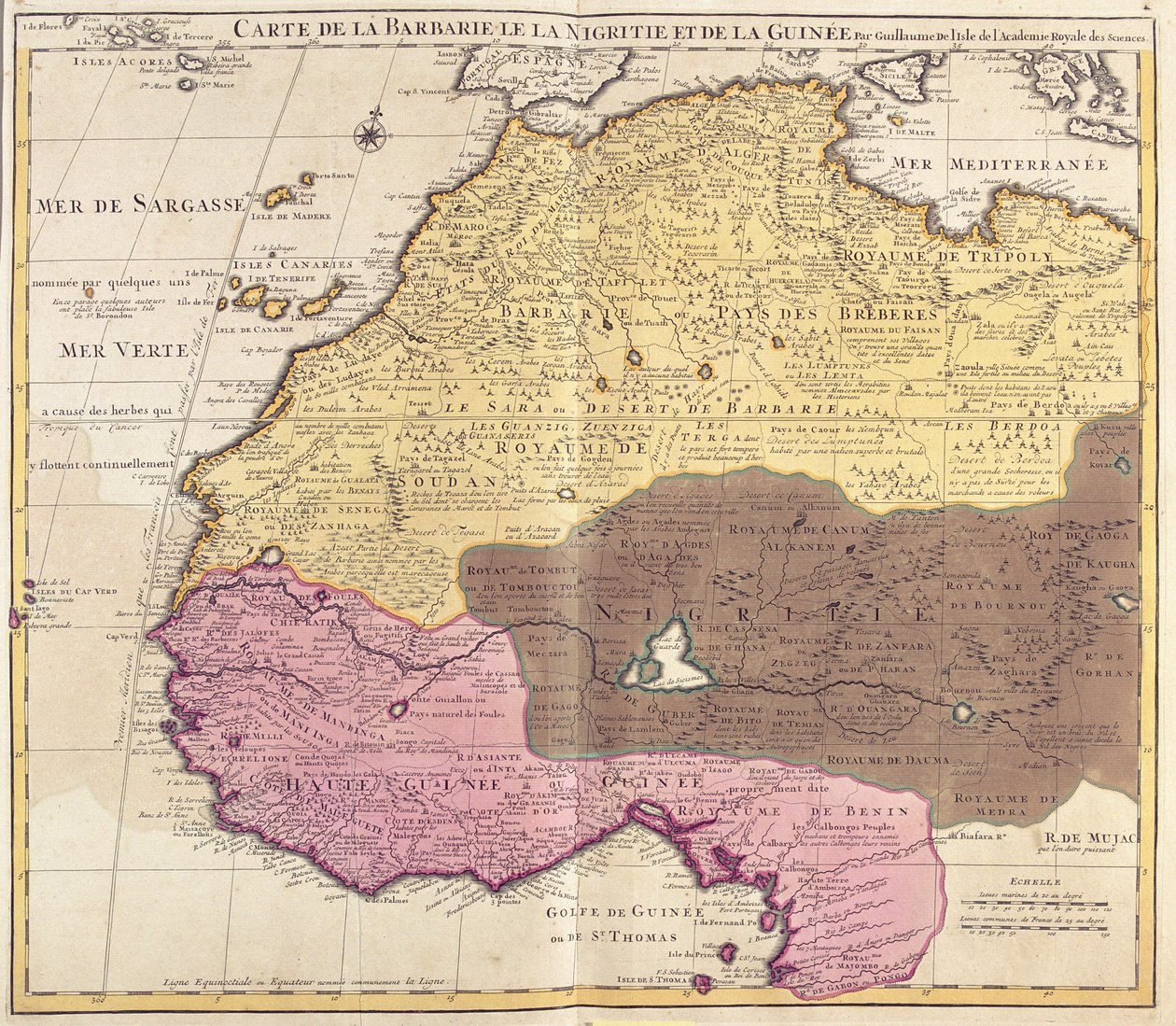 Barbaria (Fas, Cezayir, Tunus, Libya), Nigritude (Mali, Burkina Faso, Nijer) ve Gine (Senegal, Gine, Sierra Leone, Liberya, Fildişi Sahili, Gana, Togo, Benin, Nijerya) Haritası (gravür by Guillaume Delisle