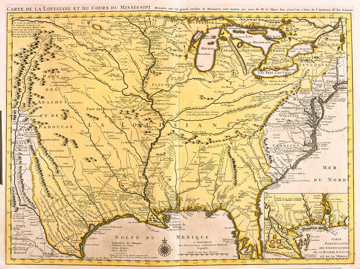 Louisiana (ABD) ve Mississippi Nehri Haritası (gravür by Guillaume Delisle