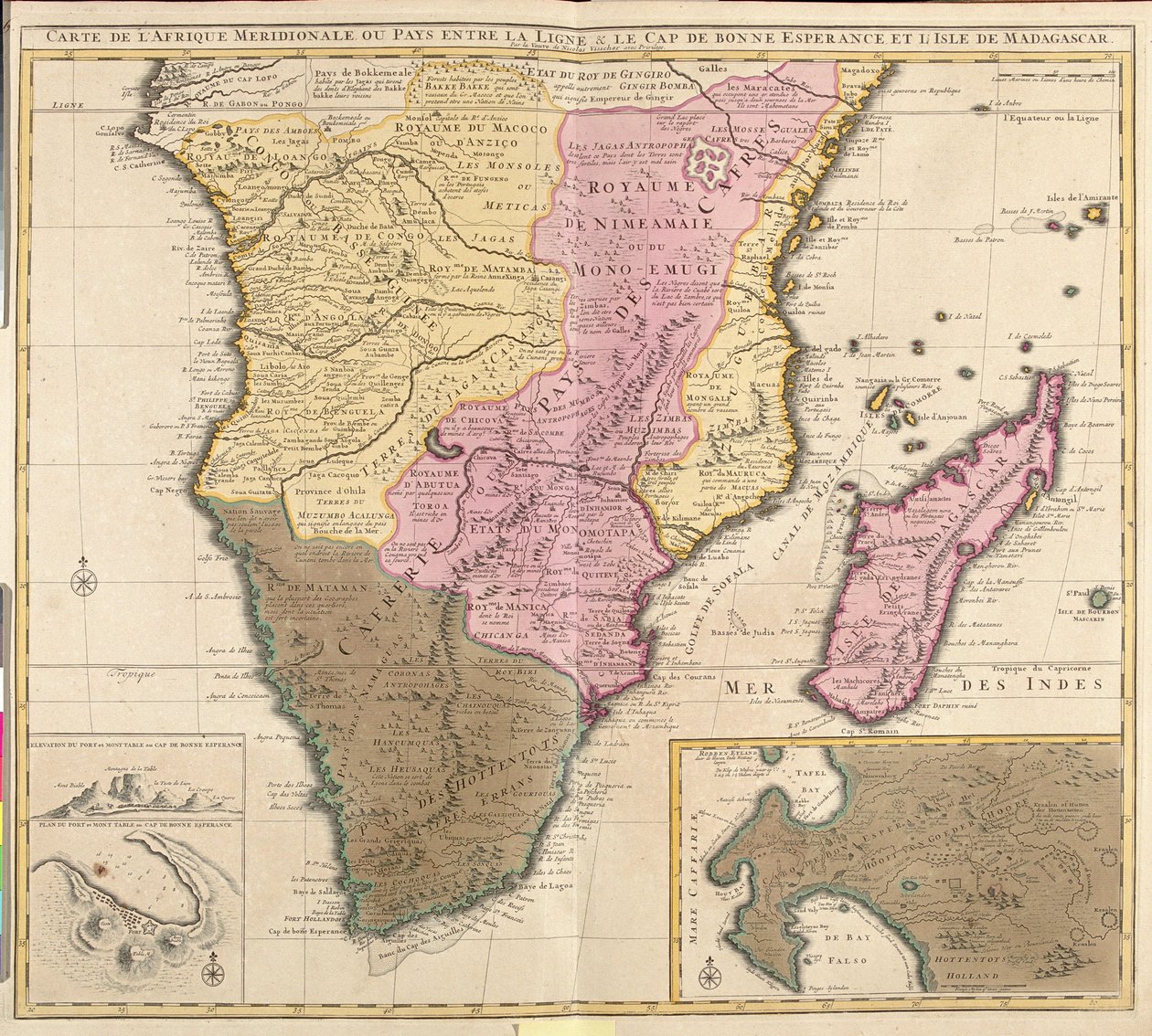 Meridional Afrika Haritası (Angola, Namibya, Zambiya, Zimbabve, Mozambik, Güney Afrika) ile Madagaskar adası (gravür) by Guillaume Delisle