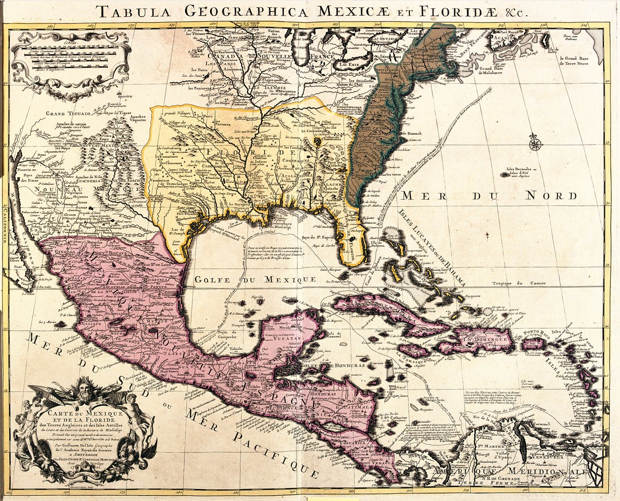 Karayip Adaları (Küba, Haiti, Jamaika, Antiller) ile Meksika ve Florida (ABD) Haritası (gravür by Guillaume Delisle