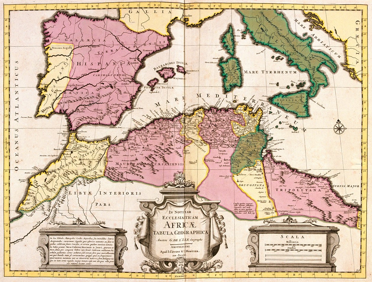 Kuzey Afrika Haritası (Moritanya, Fas, Cezayir, Tunus, Libya) ve Avrupa (İspanya, Portekiz, Fransa, İtalya, Balear Adaları, Sardunya, Korsika ve Sicilya ile Yunanistan) (gravür by Guillaume Delisle