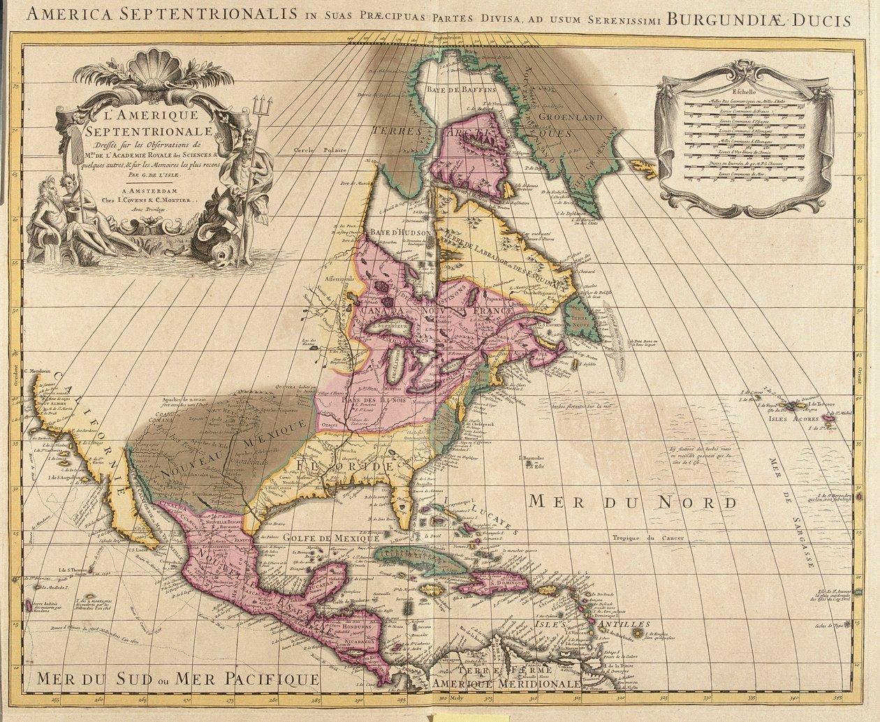Kuzey Amerika Haritası (Grönland, Kanada, ABD, Meksika ve Karayip Adaları: Küba, Haiti, Jamaika, Batı Hint Adaları) (gravür by Guillaume Delisle